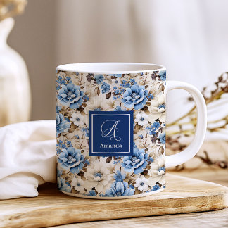 Elegante navyblaue Blumen personalisiert Kaffeetasse
