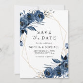 Elegante navyblaue Blumen & QR-Code-Hochzeit Save The Date (Vorderseite)