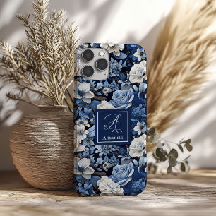 Elegante Navyblaue Elfenbeinfarbene Florale Luxus  iPhone 16 Hülle