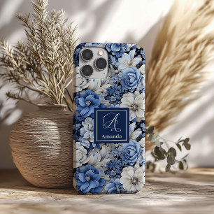 Elegante Navyblaue Elfenbeinfarbene Florale Luxus iPhone 16 Hülle