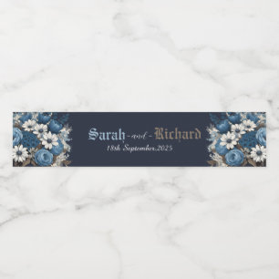 Elegante navyblaue florale Hochzeit Wasserflaschenetikett
