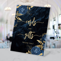 Elegante Navyblaue Goldene Blumen Hochzeitskarten  Sockelschild