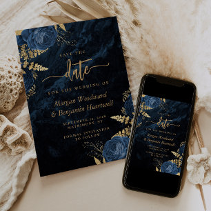 Elegante Navyblaue Goldene Blumige Hochzeit-Einlad Einladung