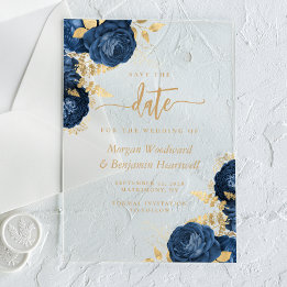 Elegante Navyblaue Goldene Blumige Hochzeit - Merk Acryleinladungen