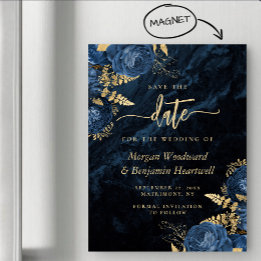 Elegante Navyblaue Goldene Florale Hochzeit - Merk Magneteinladung