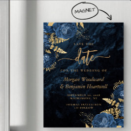 Elegante Navyblaue Goldene Florale Hochzeit - Merk Magneteinladung