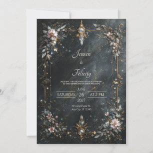 Elegante Navyblaue Goldene Rosa Florale Abendhochz Einladung