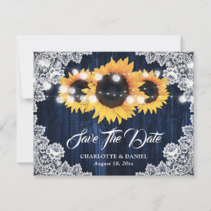Elegante Navyblaue Holz-Lace-Sonnenblumen-Hochzeit Ankündigung