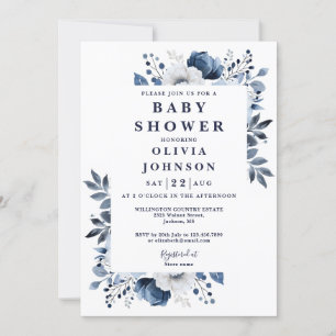 Elegante Navyblaue Land-Blumen-Baby-Party Einladung