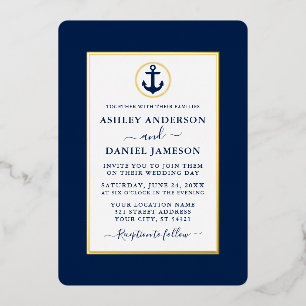 Elegante navyblaue nautische Anker-Hochzeit Gold Folieneinladung