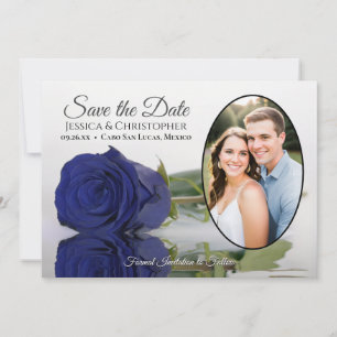 Elegante Navyblaue Rose und ovales Foto zur Hochze Save The Date