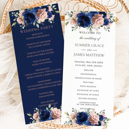 Elegante Navyblaue Roségoldene Florale Hochzeit Programm
