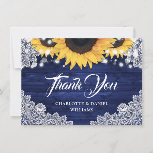 Elegante Navyblaue Sonnenblumen-Hochzeit mit Holzl Dankeskarte