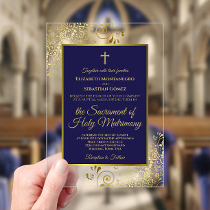 Elegante Navyblaue und goldene aufwendige katholis Acryleinladungen