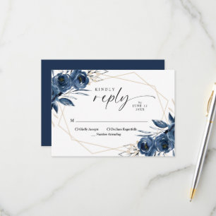 Elegante Navyblaue und silberne florale Hochzeit RSVP Karte