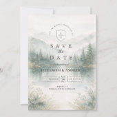 Elegante neblige Wald- und Berghochzeit Save The Date (Vorderseite)
