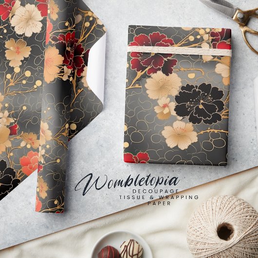 Elegante Nelke | Rot & Gold Florals auf Grau Geschenkpapier