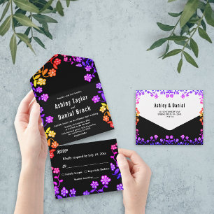 Elegante Neonfarben Rosen Moderne Florale Hochzeit All In One Einladung