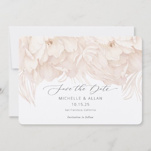 Elegante, neutrale Beige-Peonie Save The Date (Vorderseite)