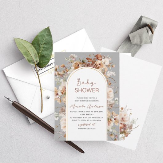 Elegante neutrale Blume Wasserfarbe Kinderdusche Einladung