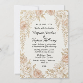 Elegante neutrale Blumen-Save-the-Date-Karte | Vin Einladung