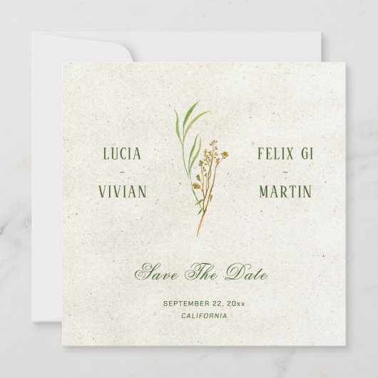 Elegante neutrale Creme Grün Save the Date rustika Einladung (Vorderseite)