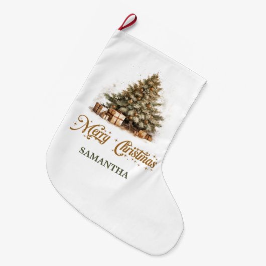 Elegante, neutrale Erdtönen, grün und gold Großer Weihnachtsstrumpf (Vorderansicht (hängend))