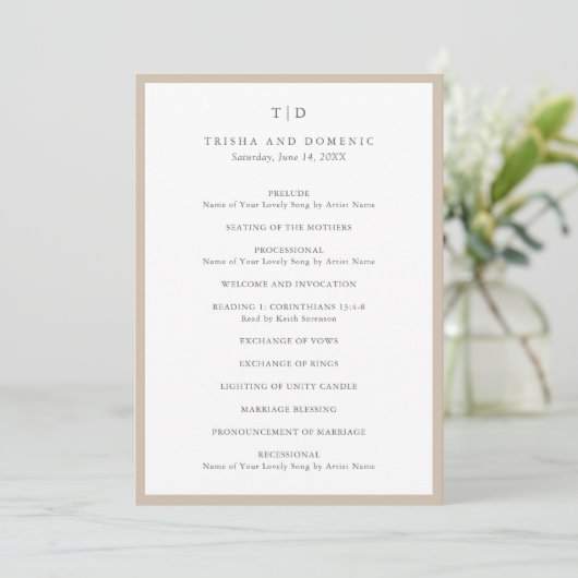 Elegante, neutrale Monogramm Moderne Hochzeit Programm (Stehend Vorderseite)