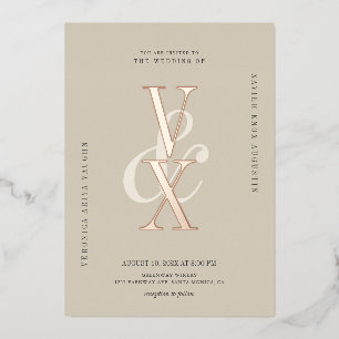 Elegante neutrale und rose-goldene typografische H Folieneinladung