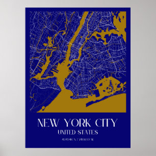 Elegante New York City Map - Blue & Gold Urban Poster
