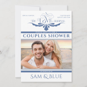Elegante Newspaper Dusty Blue Bridal Couples Dusch Einladung