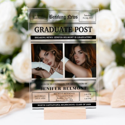 Elegante Newspaper Themed 2 Foto Graduation Party Acryleinladungen