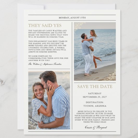 Elegante Newspaper-Verlobung Save the Date (Rückseite)