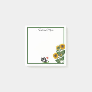 Elegante niedliche Katze und gelbe Sonnenblume per Post-it Klebezettel