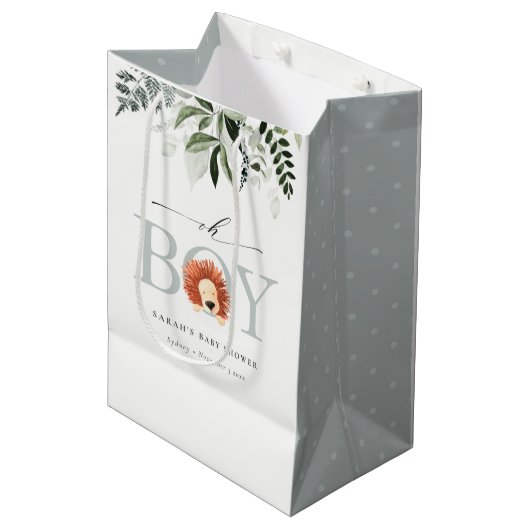 Elegante Niedliche Lion Foliage Oh Boy Baby Shower Mittlere Geschenktüte (Vorderseite Schrägansicht)