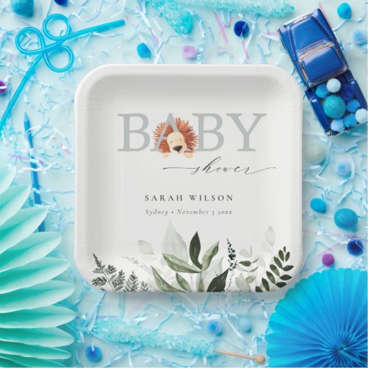 Elegante Niedliche Pastel Boho Lion Foliage Babydu Pappteller (Party)
