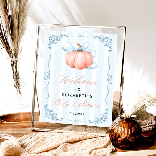 Elegante Niedliche Pumpkin Blue Bow Baby Dusche Poster