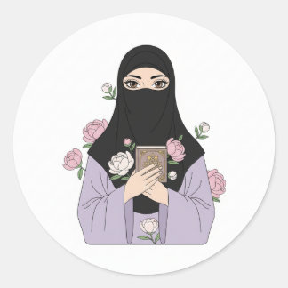 Elegante Niqabi-Frau mit rosa Rosen und Koran - I Runder Aufkleber