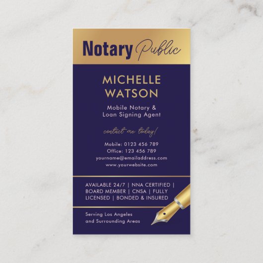 Elegante Notar Public Foto Navy & Gold Visitenkarte (Rückseite)