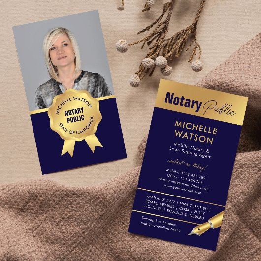 Elegante Notar Public Foto Navy & Gold Visitenkarte