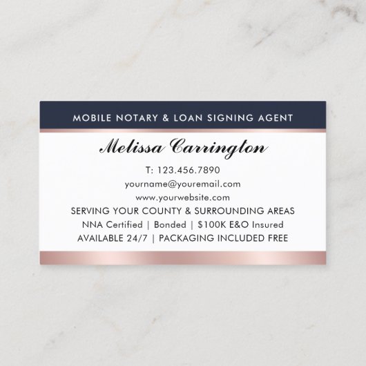 Elegante Notar Public Foto Rose Gold Navy Blue Visitenkarte (Rückseite)
