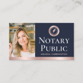 Elegante Notar Public Foto Rose Gold Navy Blue Visitenkarte (Vorderseite)