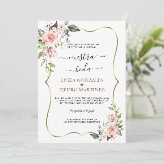 Elegante Nuestra Boda Caligrafía Con Flores Einladung (Stehend Vorderseite)