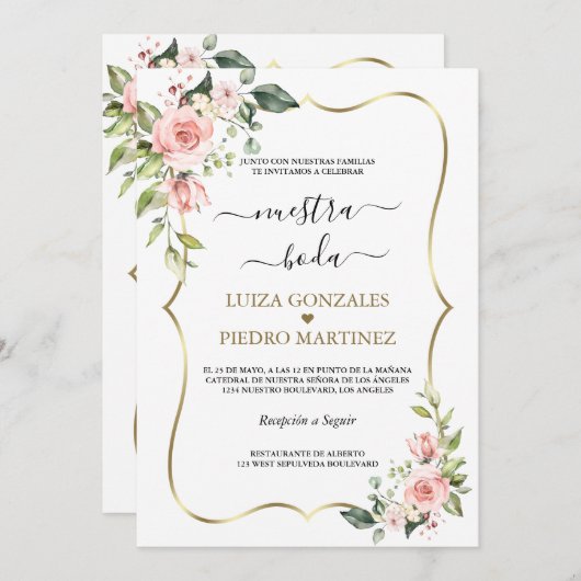 Elegante Nuestra Boda Caligrafía Con Flores Einladung (Vorne/Hinten)