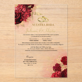Elegante Nuestra Boda rote Blumenhochzeits-Einladu Acryleinladungen