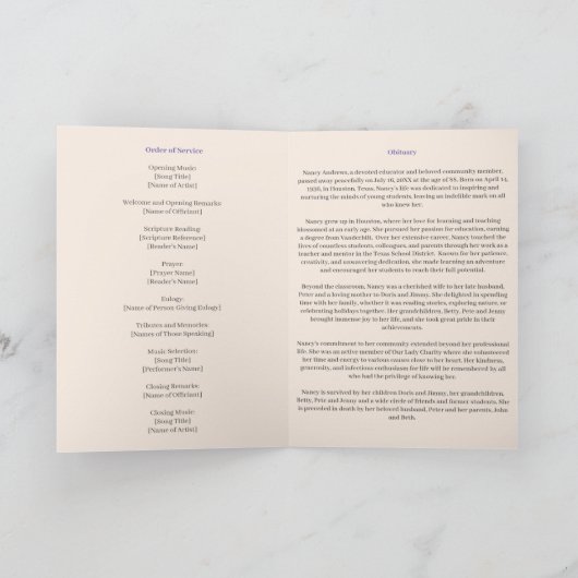 Elegante Obituary Bereavement Service Programme (Innenseite)