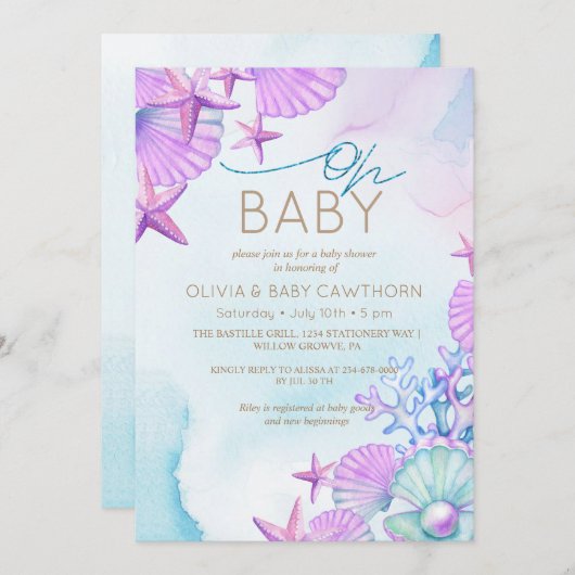 Elegante Ocean Muscheln Beach Baby Dusche Einladung (Vorne/Hinten)