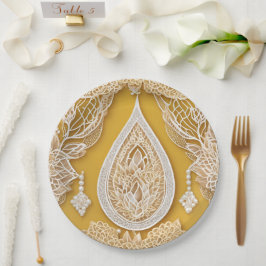 Elegante Ocker-Gelbe Spitze und Perlen-Brautparty Pappteller