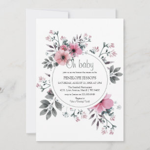 Elegante 'Oh Baby' Rosa und Graue Florale Babypart Einladung