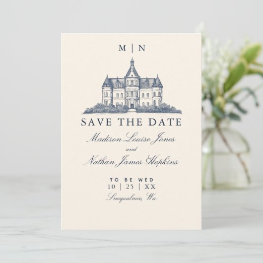 Elegante Old Chateau Manor Wedding Save The Date (Stehend Vorderseite)